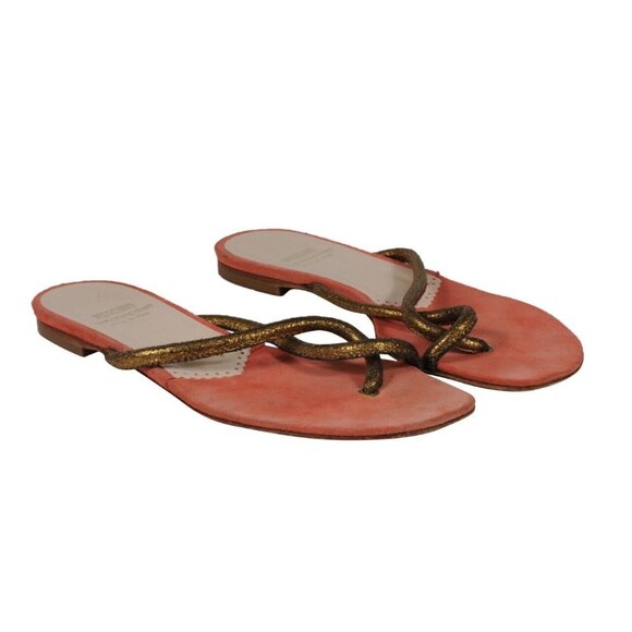 Moschino Womens Cheap And Chic Sandals US 7.5 Orange Gold Thong Slip On Slides - Picture 1 of 10